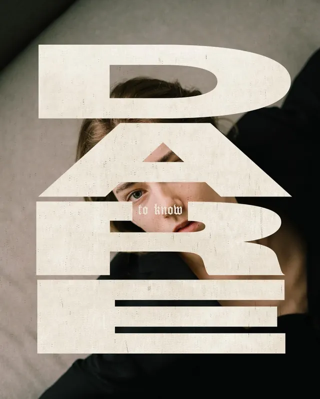 Stacked cutout type over portrait, editorial, monochrome, light
