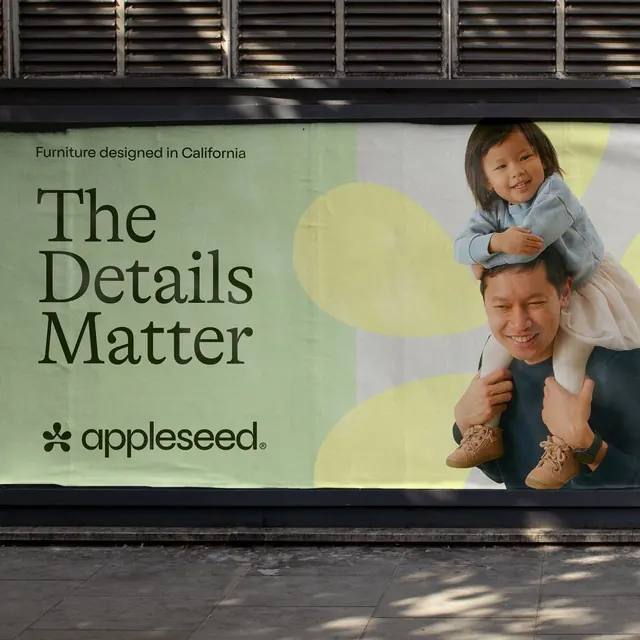 Appleseed billboard: family-centered messaging, minimal, corporate-clean, warm