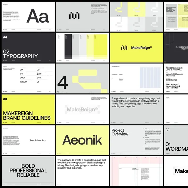 MakeReign brand guidelines with neon yellow accent, corporate-clean, geometric, dark