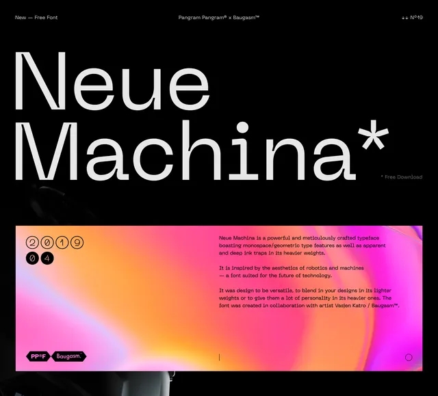 Neue Machina typeface specimen, minimal, editorial, dark