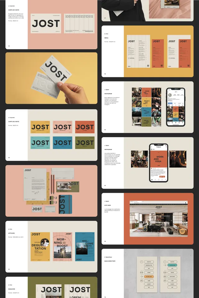 JOST identity system with modular color-blocking, minimal, geometric, light