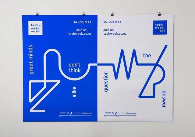 Bifold blue and grey line-art event poster, minimal, line-art, light