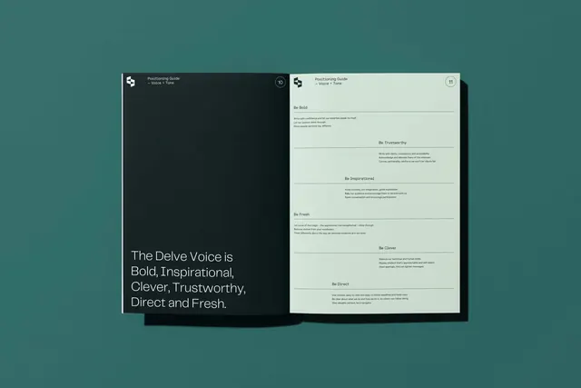 Delve brand voice guidelines spread, minimal, corporate-clean, dark