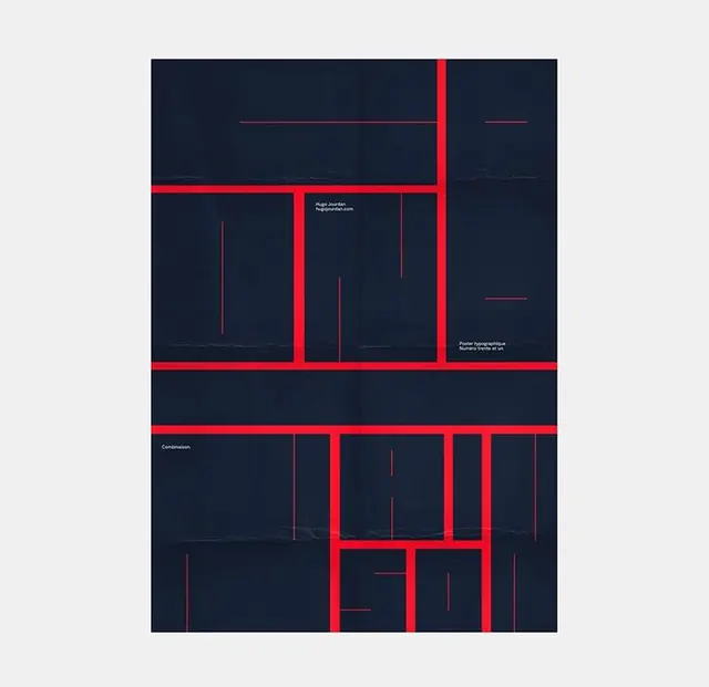 Red grid dividers on navy blueprint, minimal, geometric, dark