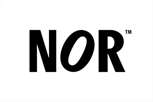 NOR wordmark logo with heavy geometric sans-serif, minimal, geometric, dark