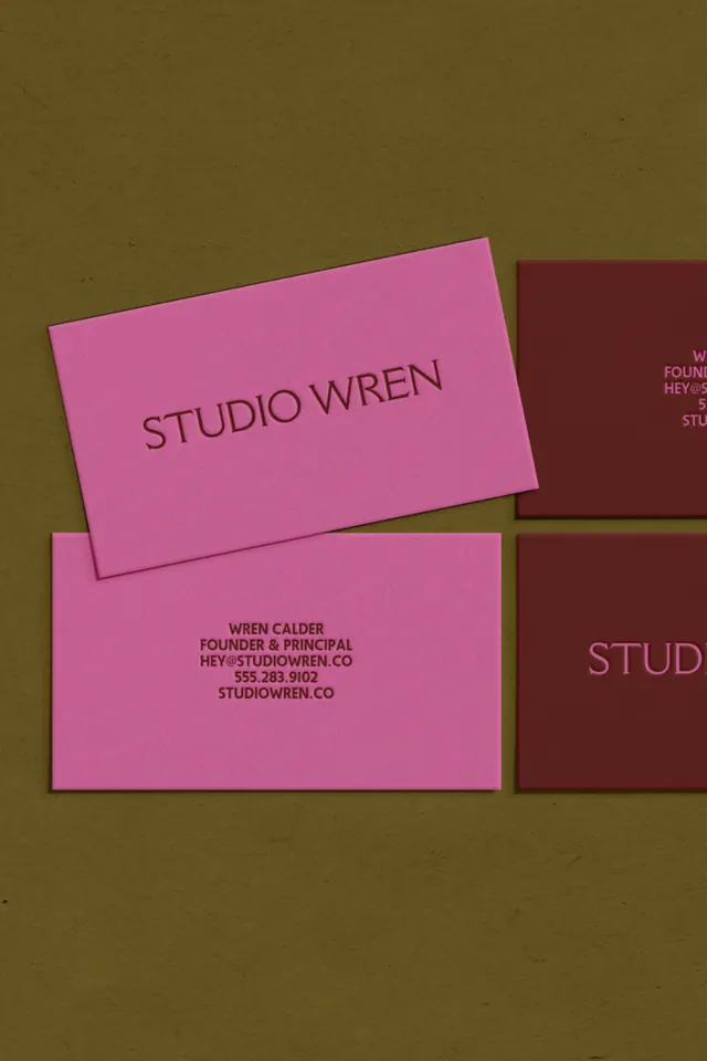 Studio Wren color-blocked business cards, minimal, boxed, warm