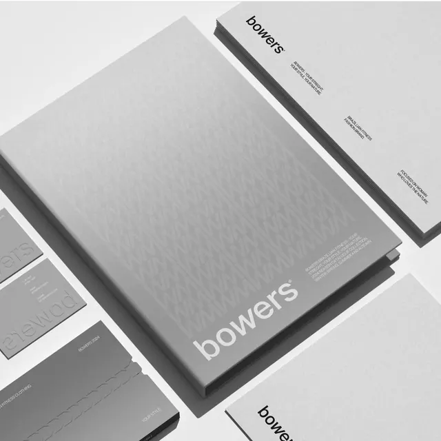 Bowers monochromatic stationery system, minimal, corporate-clean, light