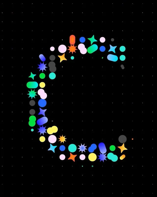 Neon cosmic mark with flowing shape, playful, geometric, vibrant
