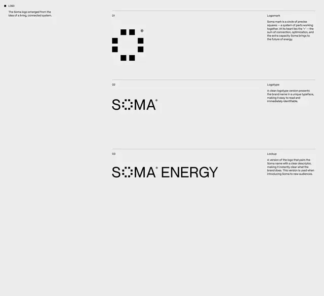 Soma Energy - modular dot-based identity system, minimal, geometric, dark