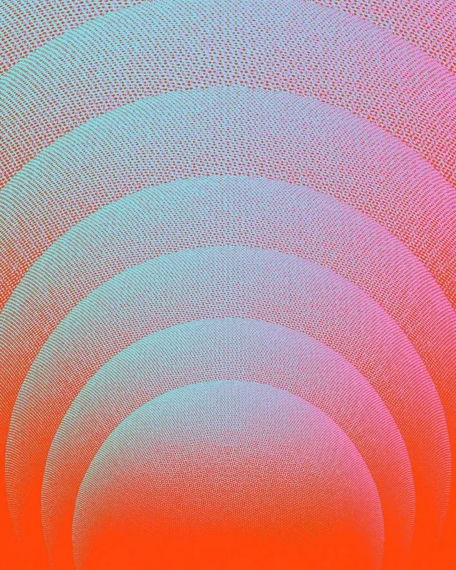 Concentric halftone gradient waves, abstract, gradient-heavy, warm