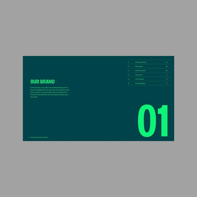 Teal brand guideline cover with neon green accent number, corporate-clean, minimal, dark