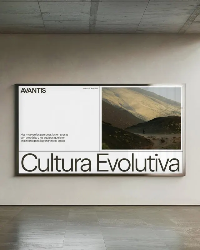 Avantis/Cultura Evolutiva institutional signage, minimal, corporate-clean, light
