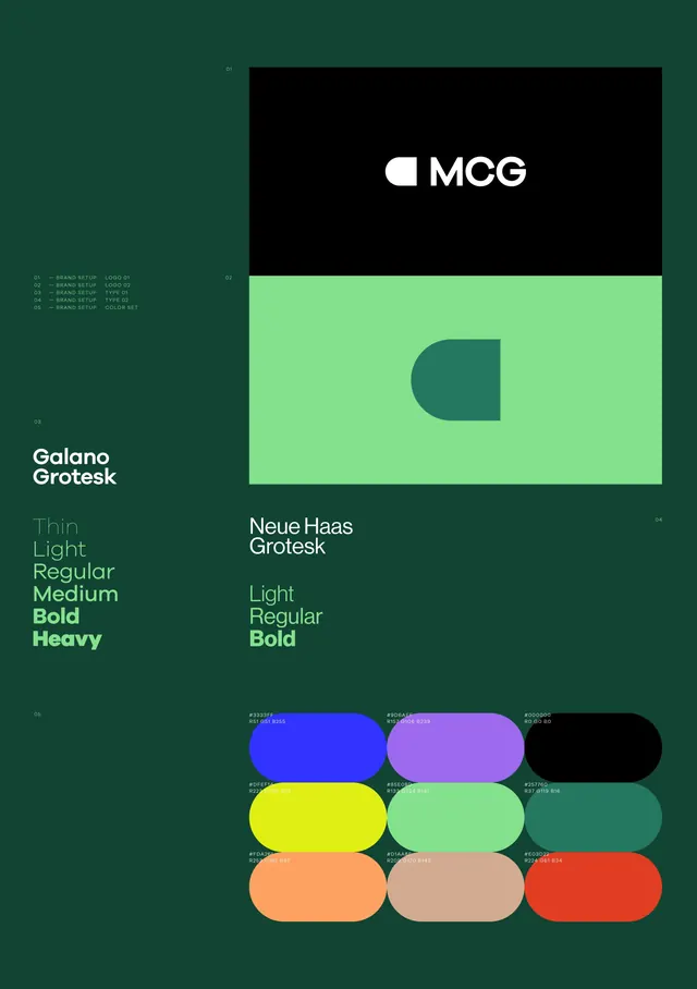 MCG identity system with typeface and color palette, minimal, corporate-clean, cool