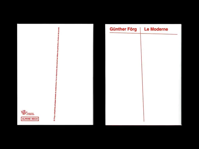 Le Corbusier exhibition catalog with vertical type and red accent line, minimal, editorial, light