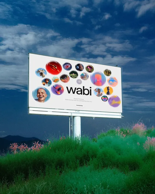 Wabi brand billboard with gradient circular portraits, minimal, flat, light