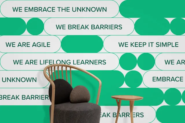 Teal circular values grid with mission statements, minimal, corporate-clean, light
