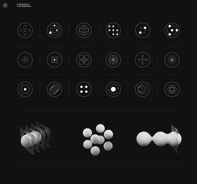 Icon system and 3D geometry specimen, minimal, geometric, dark