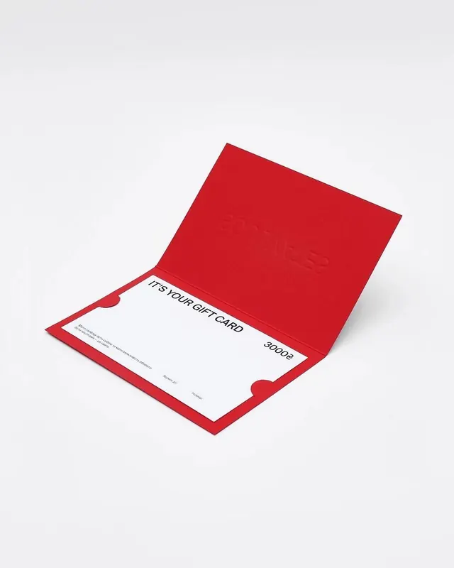 Red gift card mockup with rounded die-cut, minimal, corporate-clean, warm