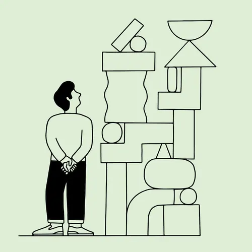 Monoline figure with stacked geometry, line-art, minimal, dark