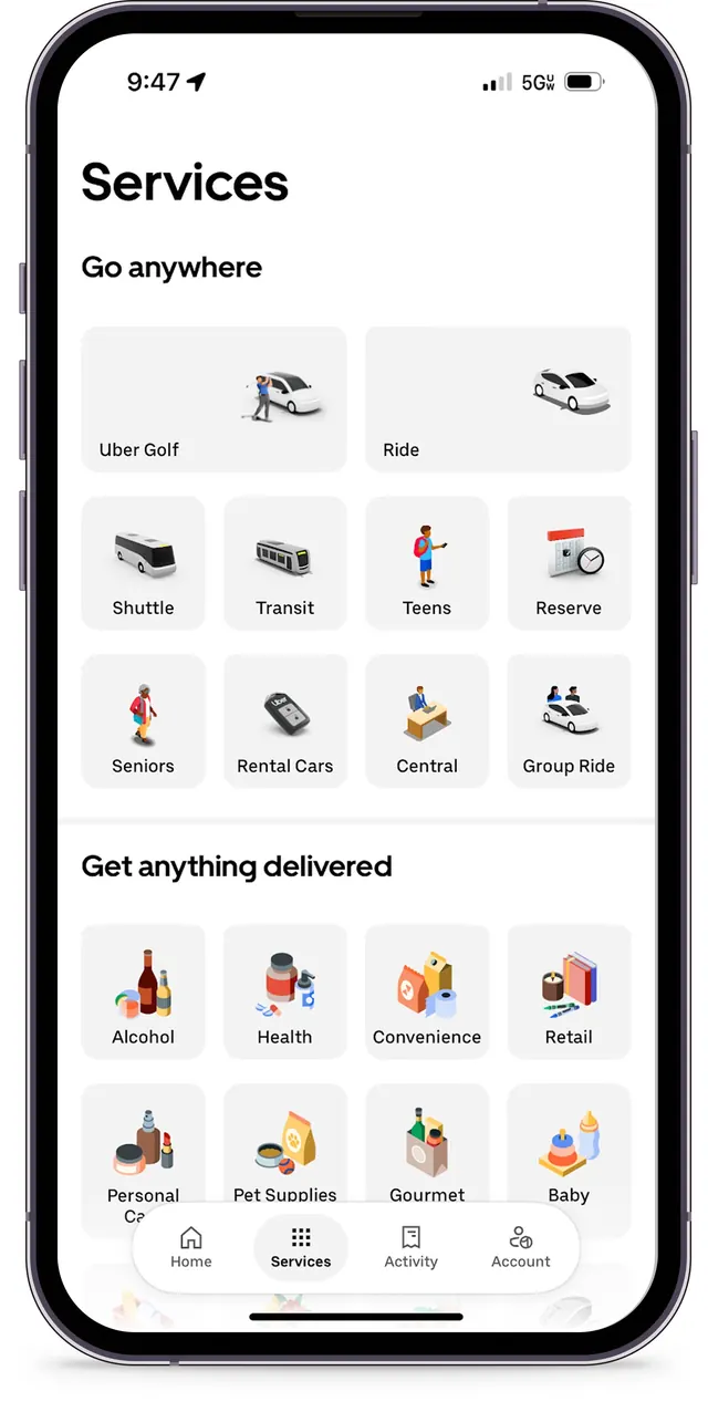 Uber app services and delivery taxonomy screen, corporate-clean, technical, light