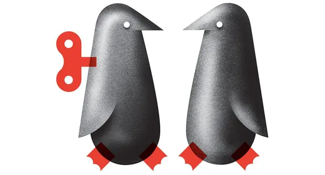 Penguin silhouettes with red key icon, minimal, geometric, dark