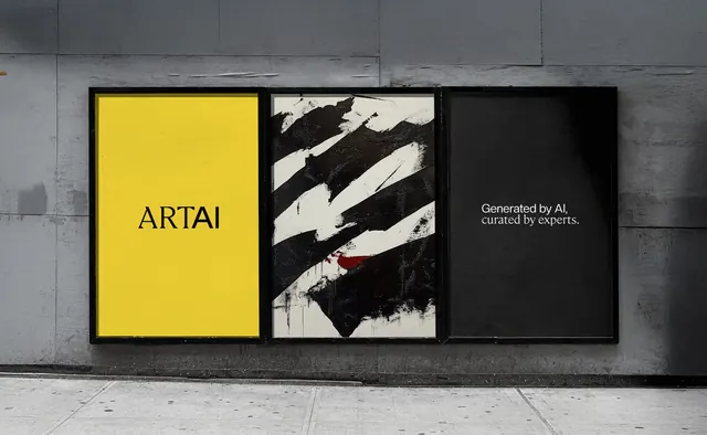 ARTAI gallery triptych brand display, minimal, abstract, dark