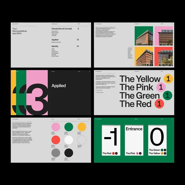 The 1 Brand Guideline multi-page color and identity system, minimal, geometric, dark