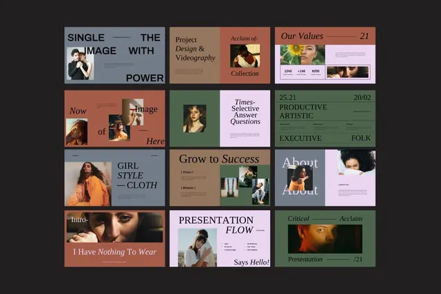 Editorial portfolio grid with earthy palette, minimal, editorial, earthy