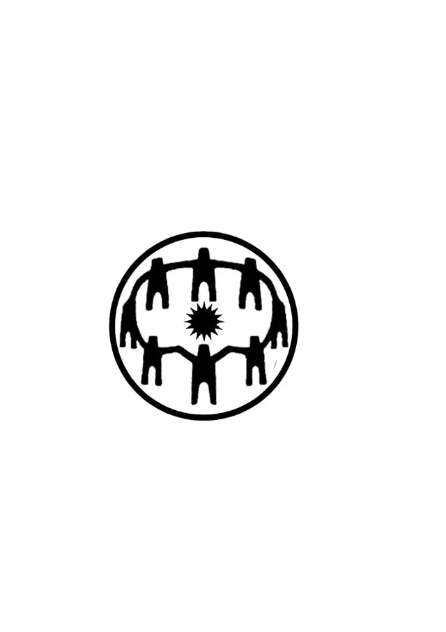 Circular community icon with concentric figures and central burst, minimal, line-art, dark