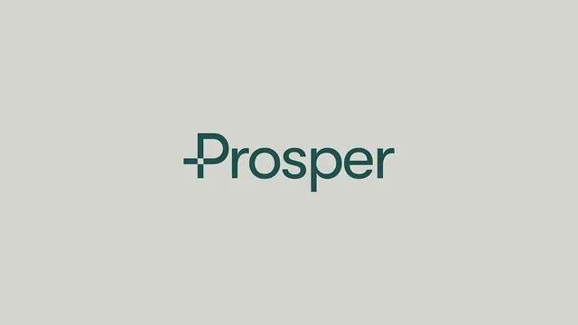 Prosper wordmark with plus-cross letterforms, minimal, corporate-clean, cool