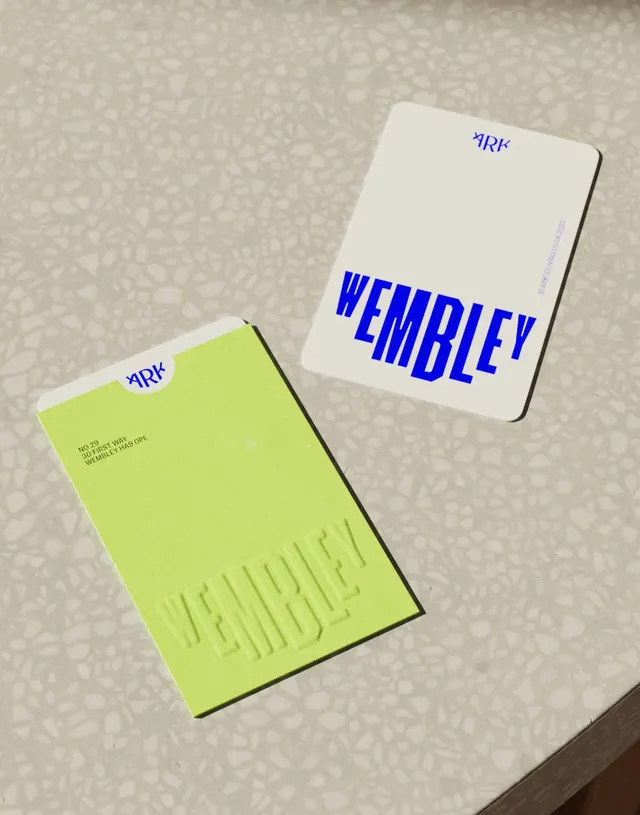 Stationery system with lime green and navy color blocking, minimal, editorial, light