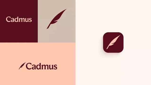 Cadmus identity system with feather mark, minimal, corporate-clean, earthy