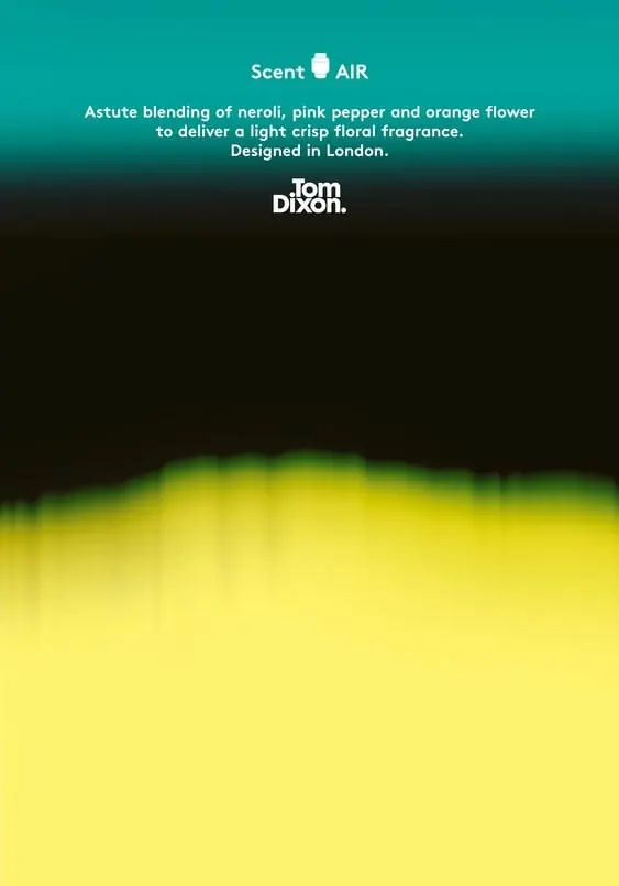 Fragrance branding with teal-to-lime gradient, minimal, gradient-heavy, dark