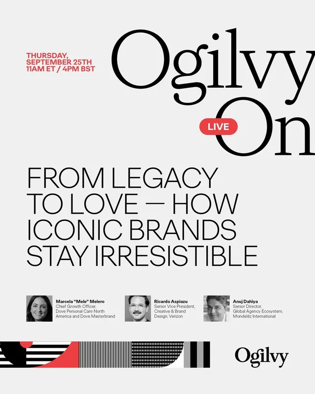 Ogilvy brand event poster with editorial grid, minimal, editorial, dark
