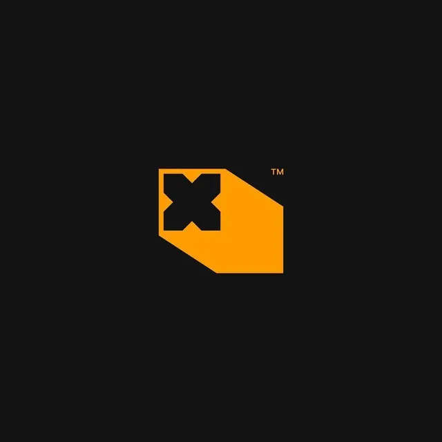Bold geometric X wordmark with negative space, minimal, geometric, dark
