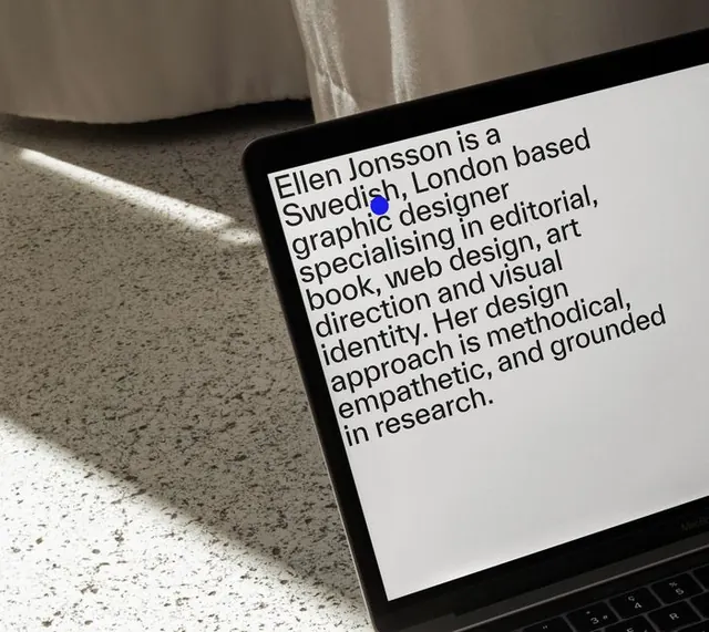 Ellen Jonsson portfolio text display, minimal, editorial, light