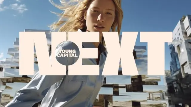 Outdoor fashion advertisement with oversized typography, editorial, minimal, light