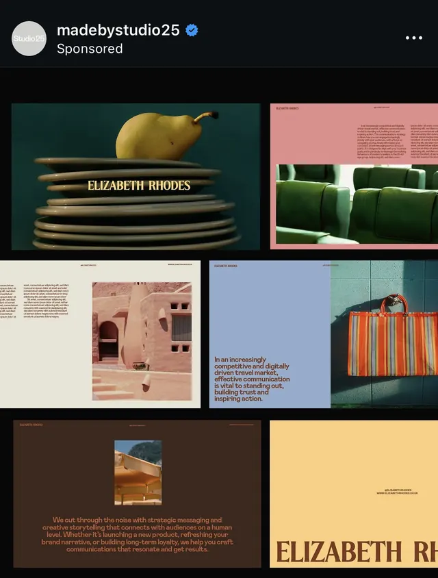 Elizabeth Rhodes portfolio grid with olive and nude palette, minimal, editorial, earthy