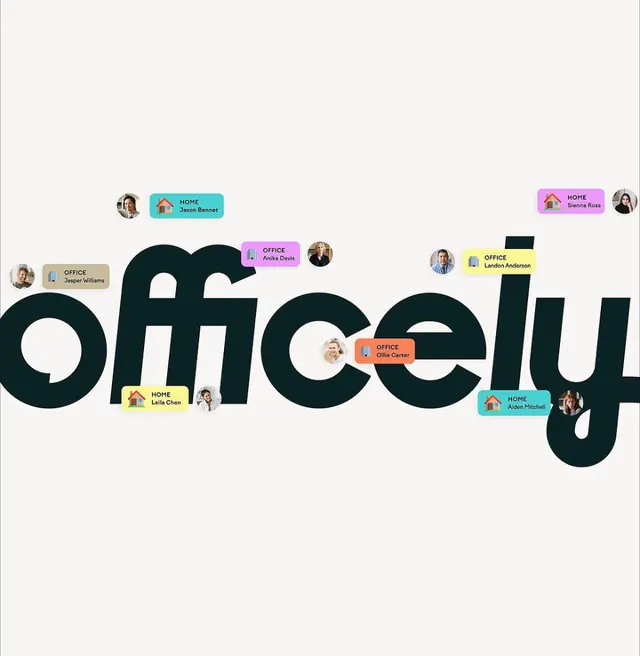 Officeolu logotype with team avatar badges, minimal, flat, dark