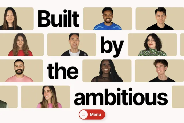 Warm minimalist grid identity with team portraits and stacked logotype, minimal, corporate-clean, light