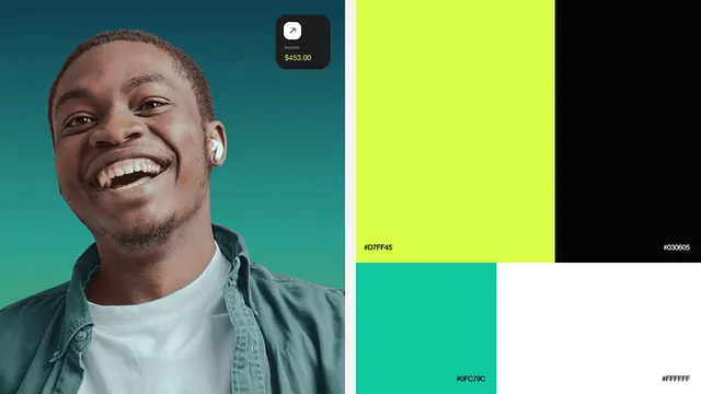 Split portrait with neon color blocks, minimal, flat, dark