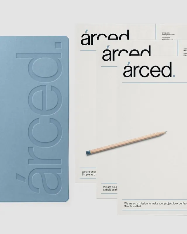 Arced brand identity notebook and stationery, minimal, corporate-clean, light