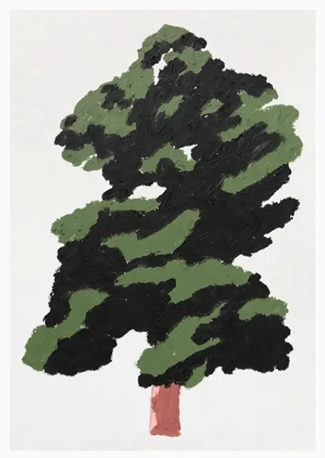 Painterly coniferous tree with color blocking, organic, illustrated, dark
