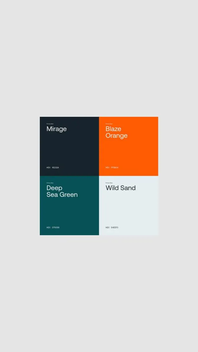 Four-color palette specimen (Mirage, Blaze Orange, Deep Sea Green, Wild Sand), minimal, geometric, light