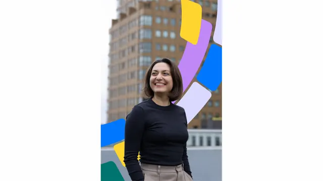Vibrant geometric overlay on editorial portrait, abstract, dark