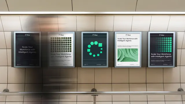 913.ai poster series in a tiled underpass, minimal, geometric, warm
