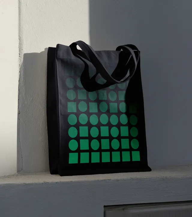 913.ai tote bag with green gradient tile grid, minimal, geometric, dark