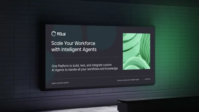 913.ai digital signage screen in a tiled station, dark-mode, minimal, dark
