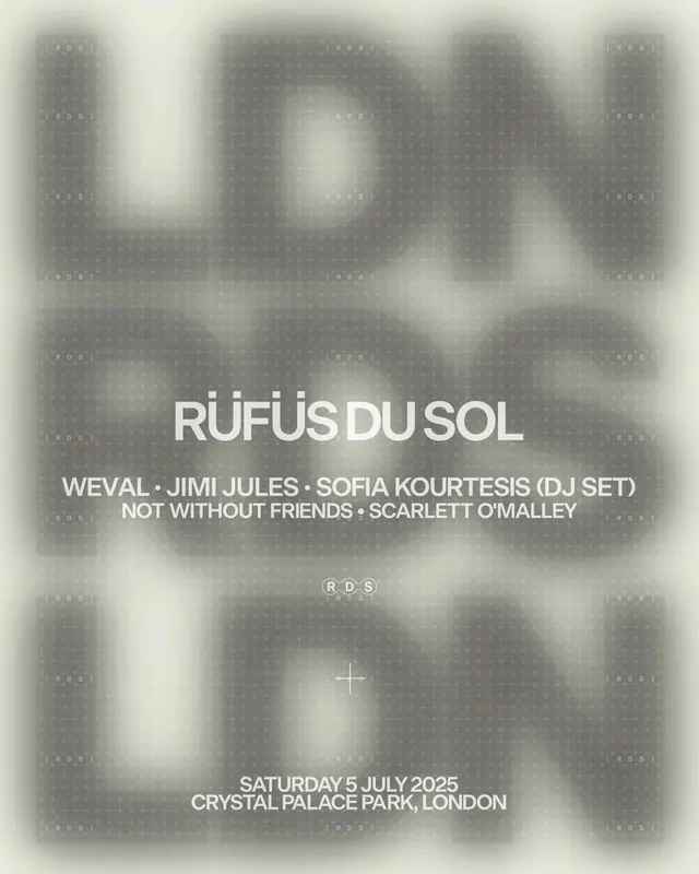 Rufus Dusol event poster with textured monochrome atmosphere, minimal, monochrome, light