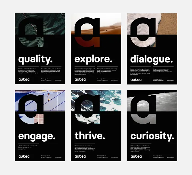 Editorial six-card brand system, editorial, minimal, dark